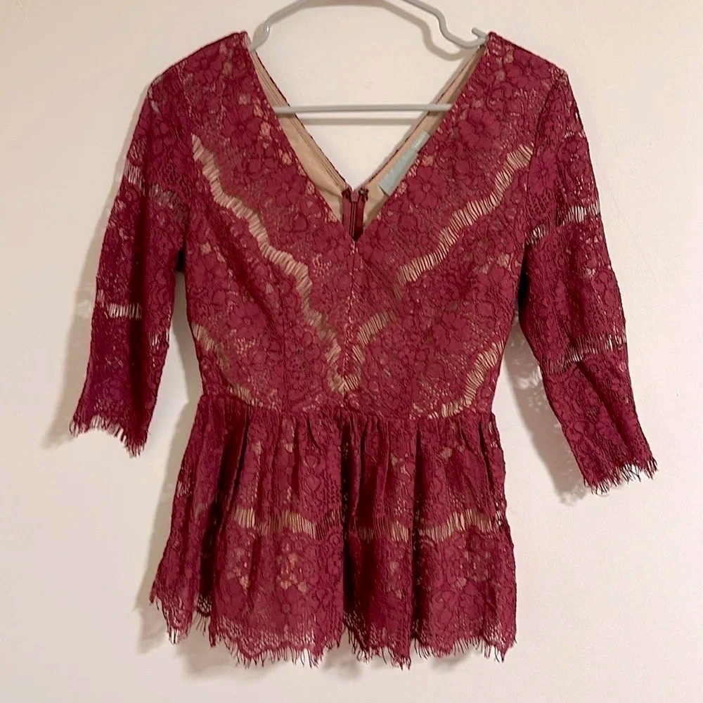 Maeve Anthropologie lace overlay v neck burgundy blouse valentines